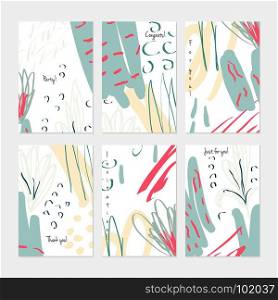 Rough drawn scribbles dots and circle abstract floral.Hand drawn creative invitation or greeting cards template. Anniversary, Birthday, wedding, party, social media banners set of 6. Isolated on layer.
