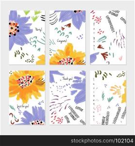 Rough drawn with marker brush spring flowers and seeds.Hand drawn creative invitation or greeting cards template. Anniversary, Birthday, wedding, party, social media banners set of 6. Isolated on layer.