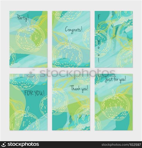 Rough scribbles and abstract apple.Hand drawn creative invitation or greeting cards template. Anniversary, Birthday, wedding, party, social media banners set of 6. Isolated on layer.