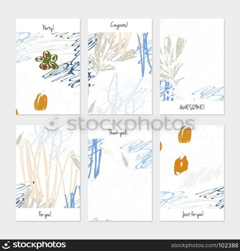 Rough scribbles and abstract berries.Hand drawn creative invitation or greeting cards template. Anniversary, Birthday, wedding, party, social media banners set of 6. Isolated on layer.