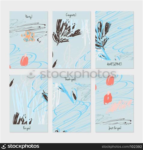 Rough scribbles and abstract berries.Hand drawn creative invitation or greeting cards template. Anniversary, Birthday, wedding, party, social media banners set of 6. Isolated on layer.