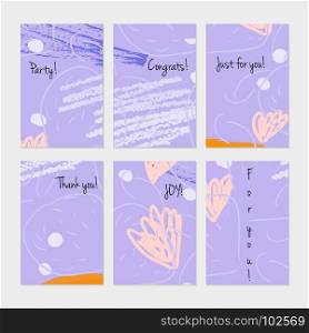 Rough scribbles and abstract berries.Hand drawn creative invitation or greeting cards template. Anniversary, Birthday, wedding, party, social media banners set of 6. Isolated on layer.