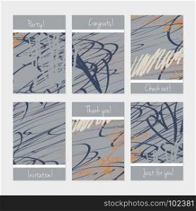 Rough scribbles.Hand drawn creative invitation or greeting cards template. Anniversary, Birthday, wedding, party, social media banners set of 6. Isolated on layer.