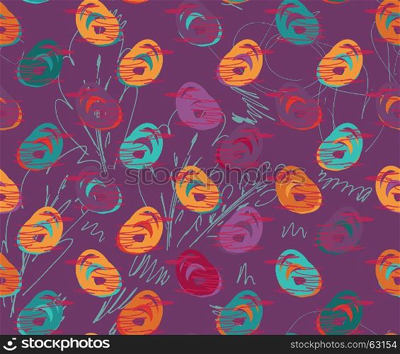 Rough sketched colored birds on purple.Hand drawn with ink and marker brush seamless background.Ethnic design.