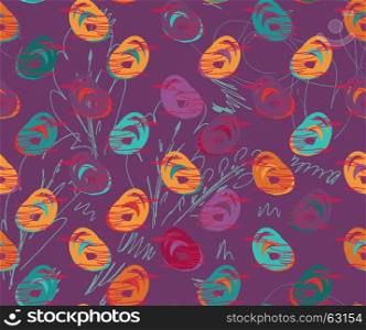 Rough sketched colored birds on purple.Hand drawn with ink and marker brush seamless background.Ethnic design.