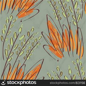 Rough sketched grass light green orange.Hand drawn with ink and marker brush seamless background.Ethnic design.