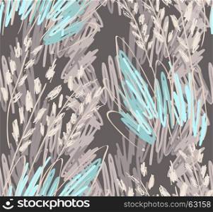 Rough sketched grass on gray.Hand drawn with ink and marker brush seamless background.Ethnic design.