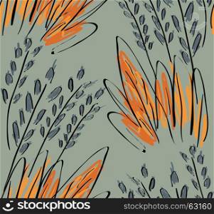 Rough sketched grass on green.Hand drawn with ink and marker brush seamless background.Ethnic design.