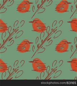 Rough sketched orange birds and tree branches.Hand drawn with ink and marker brush seamless background.Ethnic design.