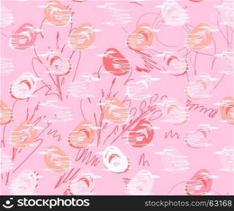 Rough sketched pink birds.Hand drawn with ink and marker brush seamless background.Ethnic design.