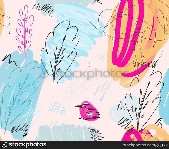 Rough sketched trees on bright scribble and light yellow.Hand drawn with ink and marker brush seamless background.Ethnic design.