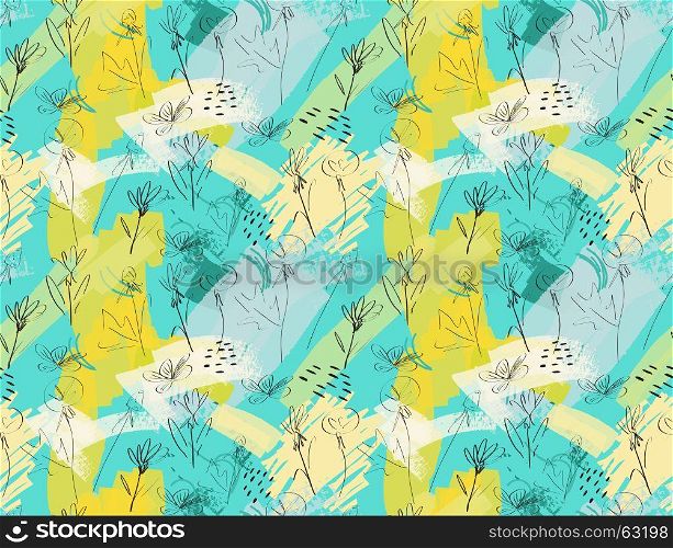 Roughly sketched dandelion flower blue yellow.Creative abstract colorful seamless pattern. Tribal ethnic motives. Universal bright background for greeting cards, invitations. Had drawn ink and marker texture.