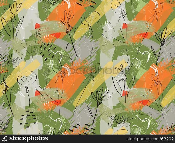 Roughly sketched dandelion flower green orange.Creative abstract colorful seamless pattern. Tribal ethnic motives. Universal bright background for greeting cards, invitations. Had drawn ink and marker texture.
