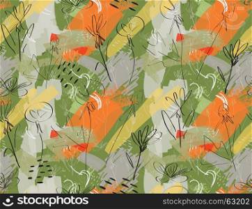 Roughly sketched dandelion flower green orange.Creative abstract colorful seamless pattern. Tribal ethnic motives. Universal bright background for greeting cards, invitations. Had drawn ink and marker texture.