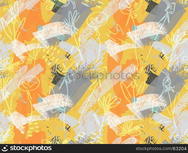 Roughly sketched dandelion flower orange gray.Creative abstract colorful seamless pattern. Tribal ethnic motives. Universal bright background for greeting cards, invitations. Had drawn ink and marker texture.