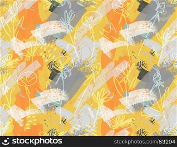 Roughly sketched dandelion flower orange gray.Creative abstract colorful seamless pattern. Tribal ethnic motives. Universal bright background for greeting cards, invitations. Had drawn ink and marker texture.