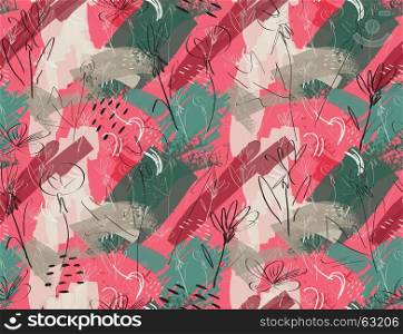 Roughly sketched dandelion flower pink green.Creative abstract colorful seamless pattern. Tribal ethnic motives. Universal bright background for greeting cards, invitations. Had drawn ink and marker texture.
