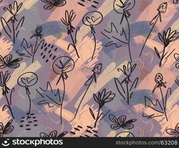Roughly sketched dandelion flower purple gray.Creative abstract colorful seamless pattern. Tribal ethnic motives. Universal bright background for greeting cards, invitations. Had drawn ink and marker texture.
