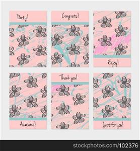 Roughly sketched flowers on scribbles.Hand drawn creative invitation or greeting cards template. Anniversary, Birthday, wedding, party, social media banners set of 6. Isolated on layer.