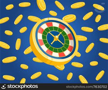 Roulette casino equipment, fortune element on background with gold coins. Cover of gambling entertainment with golden currency, spinning wheel and rich money. Vector illustration in flat cartoon style. Casino and Money, Spinning Wheel, Roulette Vector