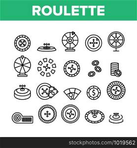 Roulette Collection Elements Icons Set Vector Thin Line. Casino Roulette, Fortune Wheel Gamble Game Gambling Chips And Dollar Mark Concept Linear Pictograms. Monochrome Contour Illustrations. Roulette Collection Elements Icons Set Vector