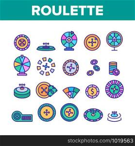Roulette Collection Elements Icons Set Vector Thin Line. Casino Roulette, Fortune Wheel Gamble Game Gambling Chips And Dollar Mark Concept Linear Pictograms. Color Contour Illustrations. Roulette Color Elements Icons Set Vector