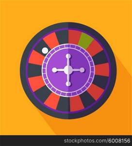 Roulette flat design on background. Casino and roulette wheel, gambling luck, fortune and bet, risk and leisure, jackpot chance, gamble round illustration