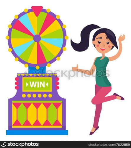 Roulette gambling machine, smiling winner woman. Lucky player, colorful wheel, fortune or lottery equipment, happy female winning, casino element vector. Player Fortune, Roulette Machine, Casino Vector