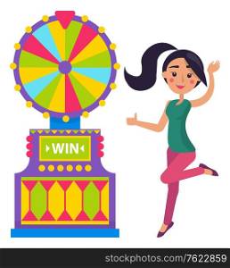 Roulette gambling machine, smiling winner woman. Lucky player, colorful wheel, fortune or lottery equipment, happy female winning, casino element vector. Player Fortune, Roulette Machine, Casino Vector