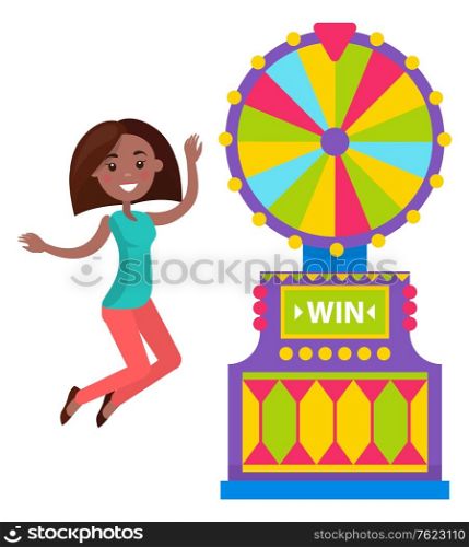 Roulette game machine, smiling woman winner. Fortune gambling equipment and success of female player, colorful wheel, lucky person, gambler vector. Flat cartoon. Winner and Casino Machine, Fortune and Win Vector