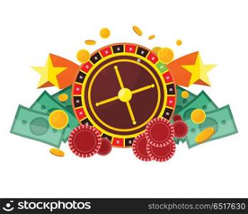 Roulette Wheel, Coin Dice Money Chip Star Isolated. Casino poster with roulette wheel, coins dice money chips craps stars isolated on white. Gambling luck, fortune and bet, risk and leisure, jackpot chance. Casino banner. Vector illustration