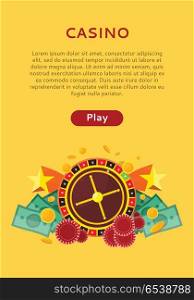 Roulette Wheel, Coin Dice Money Chip Star Isolated. Casino poster with roulette wheel, coins dice money chips craps stars isolated on yellow. Gambling luck, fortune and bet, risk and leisure, jackpot chance. Casino banner. Vector illustration