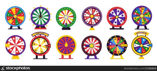 Roulette wheel. Spin fortune game. Cartoon casino lottery machine for winning prize or lose. Turn colorful gamble circles with arrows and sectors. Vector lucky gambling rotate equipment isolated set. Roulette wheel. Spin fortune game. Cartoon casino lottery machine for winning prize or lose. Turn gamble circles with arrows and sectors. Vector lucky gambling rotate equipment set