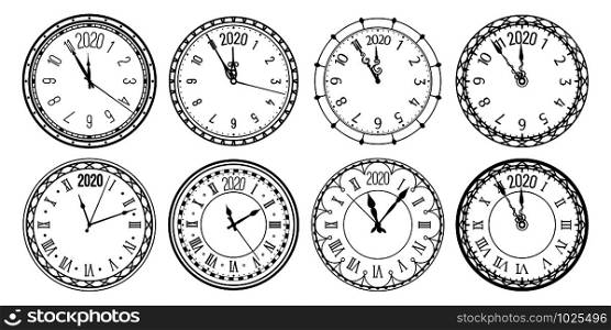 Round 2020 clock. New Year countdown watch face, vintage watches and clocks for christmas greeting card. Time measurement watches icons. Isolated vector illustration signs set. Round 2020 clock. New Year countdown watch face, vintage watches and clocks for christmas greeting card vector illustration set