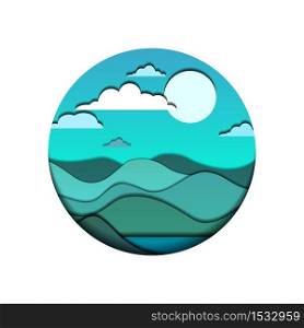 Round 3d illustration with nature in blue hues cut out from paper. Vector element for your design.. Round 3d illustration with nature in blue hues cut out from paper.
