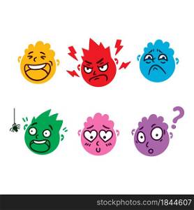 Round abstract face with different emotions. Happy, angry, questioning, scared, sorrow, falling in love emoji avatar. Cartoon style. Flat design vector illustration.