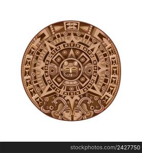 Round ancient mayan calendar colored isolated decorative element on white background cartoon vector illustration . Cartoon Mayan Calendar