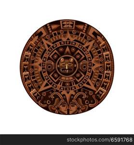 Round ancient mayan calendar colored isolated decorative element on white background cartoon vector illustration . Cartoon Mayan Calendar