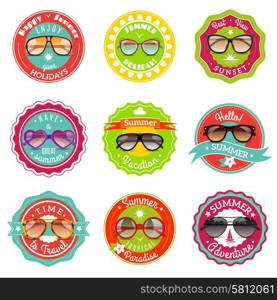 Round and cat eye style sun glasses seasonal summer sale labels stickers set abstract vector isolated illustration. Sun glasses summer sale labels