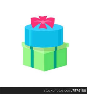 Round and square shape gifts isolated icons. Vector packages topped by bow, green and blue present boxes, surprises on Birthday party and shopping packagings. Round and Square Shape Gifts Isolated Icons Vector