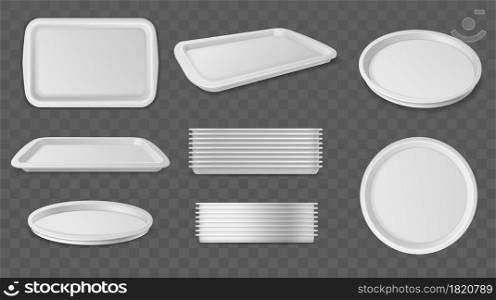 Round and square trays. Realistic plastic serving tray, different angles view, single objects and stacks, 3d white food stands mockup, empty dinner containers, product serving ware vector isolated set. Round and square trays. Realistic plastic serving tray, different angles view, single objects and stacks, 3d white food stands mockup, empty dinner containers, vector isolated set