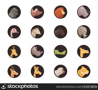 Round Animal Avatars Collection. Social network avatar animals icon set of isolated circle shaped wild animal heads in cartoon style vector illustration