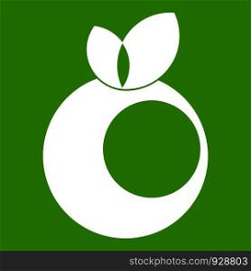 Round apple with leaves icon white isolated on green background. Vector illustration. Round apple with leaves icon green