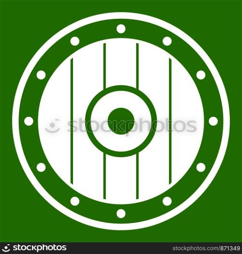 Round army shield icon white isolated on green background. Vector illustration. Round army shield icon green