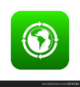 Round arrows around world planet icon digital green for any design isolated on white vector illustration. Round arrows around world planet icon digital green