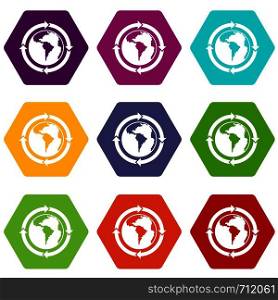 Round arrows around world planet icon set many color hexahedron isolated on white vector illustration. Round arrows around world planet icon set color hexahedron