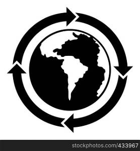 Round arrows around world planet icon. Simple illustration of round arrows around world planet vector icon for web. Round arrows around world planet icon simple style