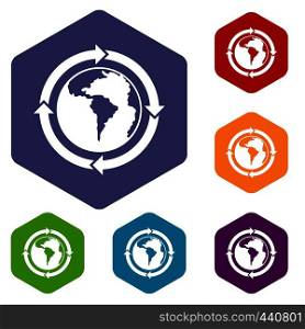 Round arrows around world planet icons set hexagon isolated vector illustration. Round arrows around world planet icons set hexagon