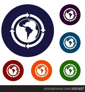 Round arrows around world planet icons set in flat circle red, blue and green color for web. Round arrows around world planet icons set