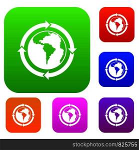 Round arrows around world planet set icon color in flat style isolated on white. Collection sings vector illustration. Round arrows around world planet set color collection